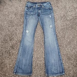 Y2K Low-Rise Distressed Denim Flare Jeans w/ Paint Splattered Details